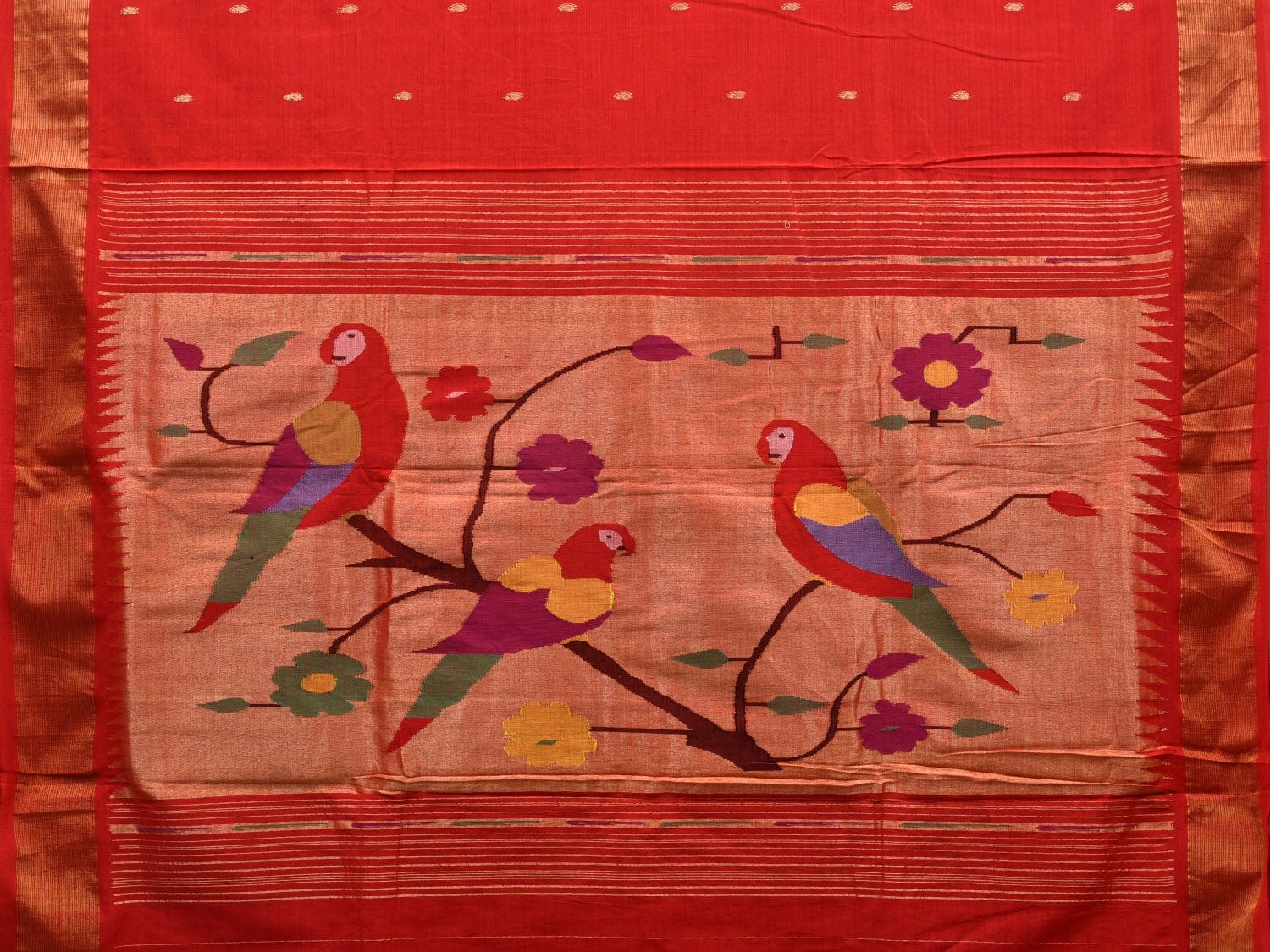 Red Paithani Cotton Handloom Saree with Parrots Pallu Design p0415