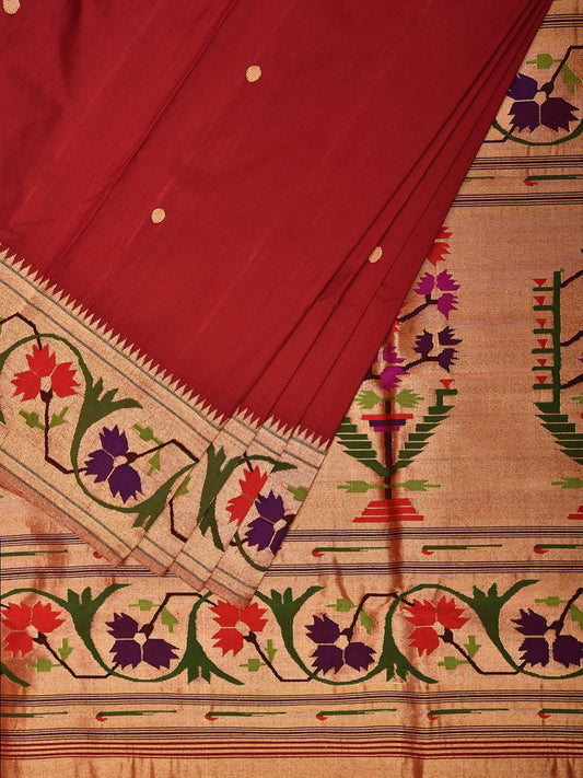 Red Paithani Silk Handloom Saree with Aashavali Border Design p0496