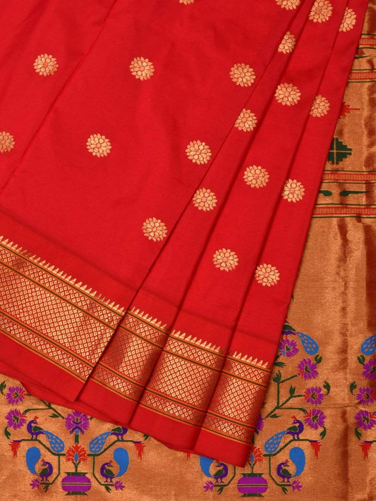 Red Paithani Silk Handloom Saree with Body Buta and Pallu Design p0377