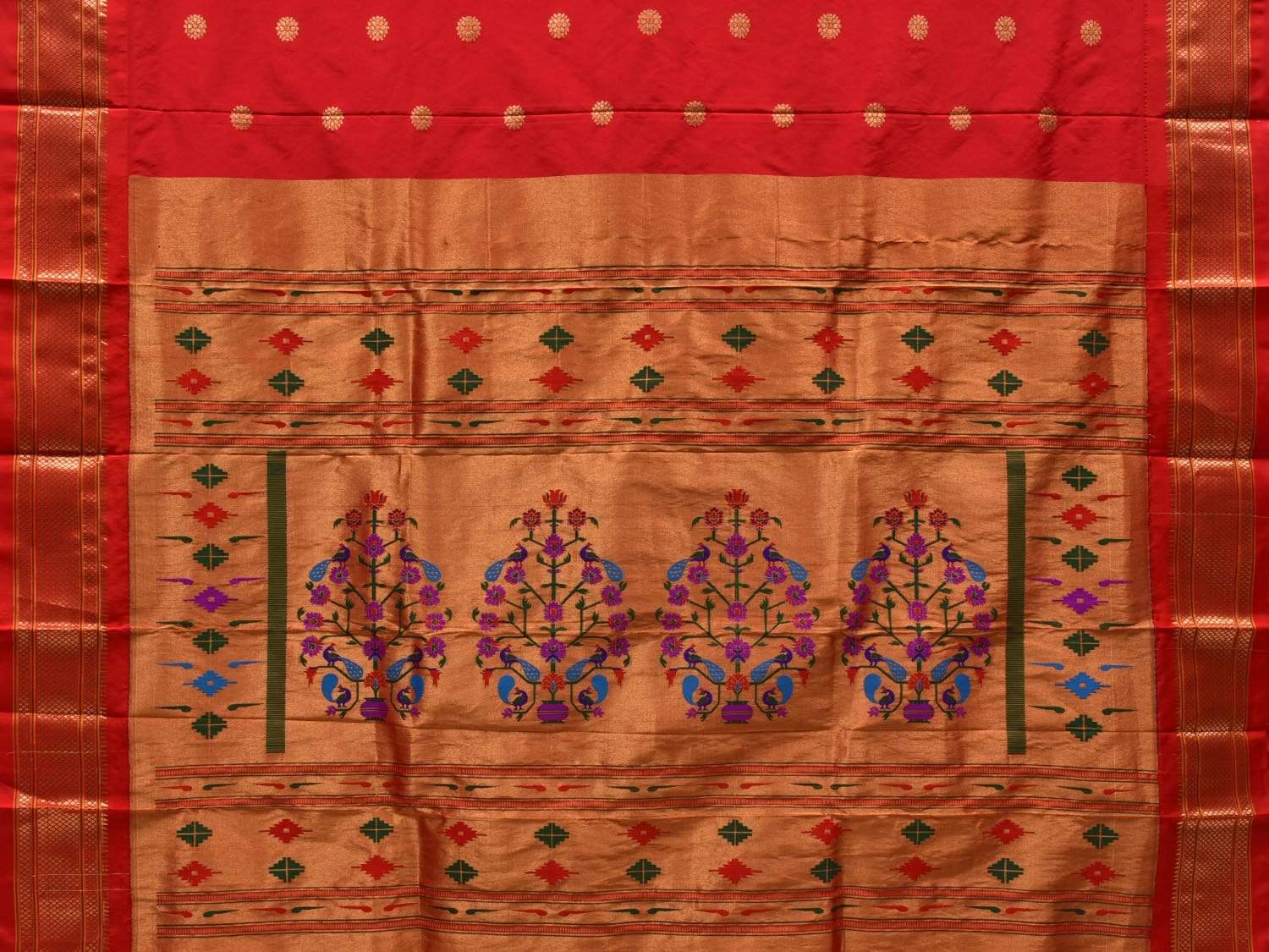 Red Paithani Silk Handloom Saree with Body Buta and Pallu Design p0377