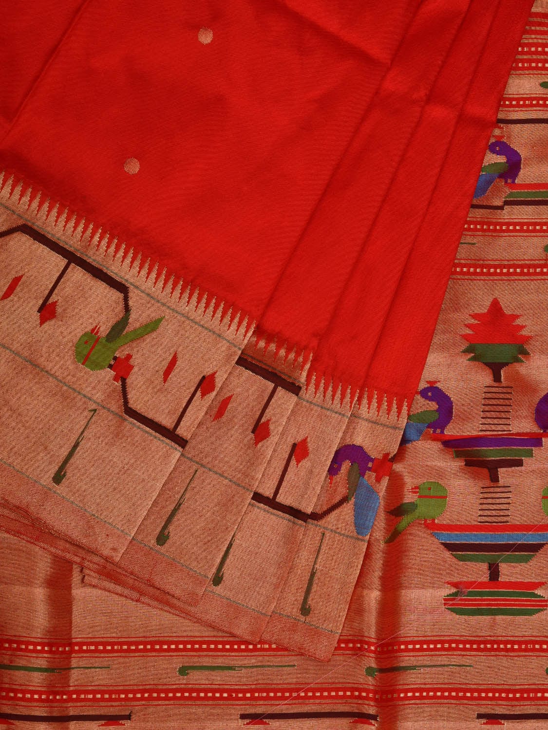 Red Paithani Silk Handloom Saree with Peacocks and Parrots Border Design p0466