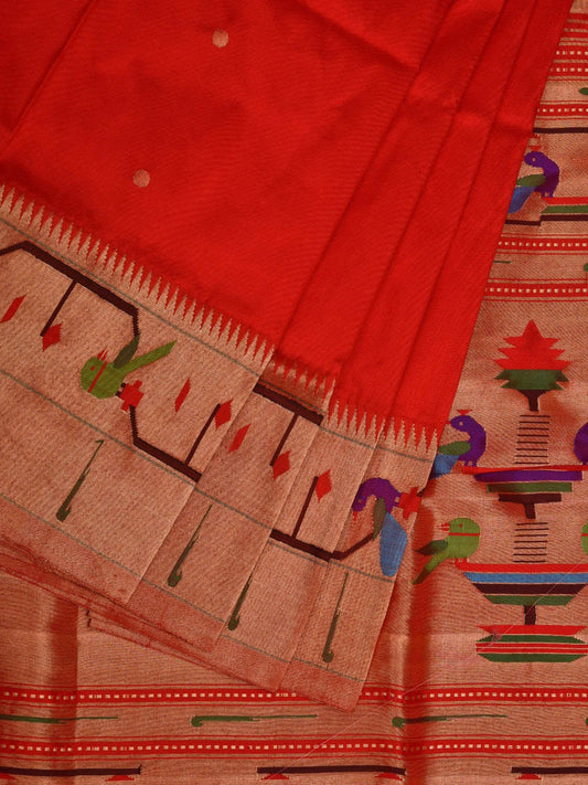 Red Paithani Silk Handloom Saree with Peacocks and Parrots Border Design p0466