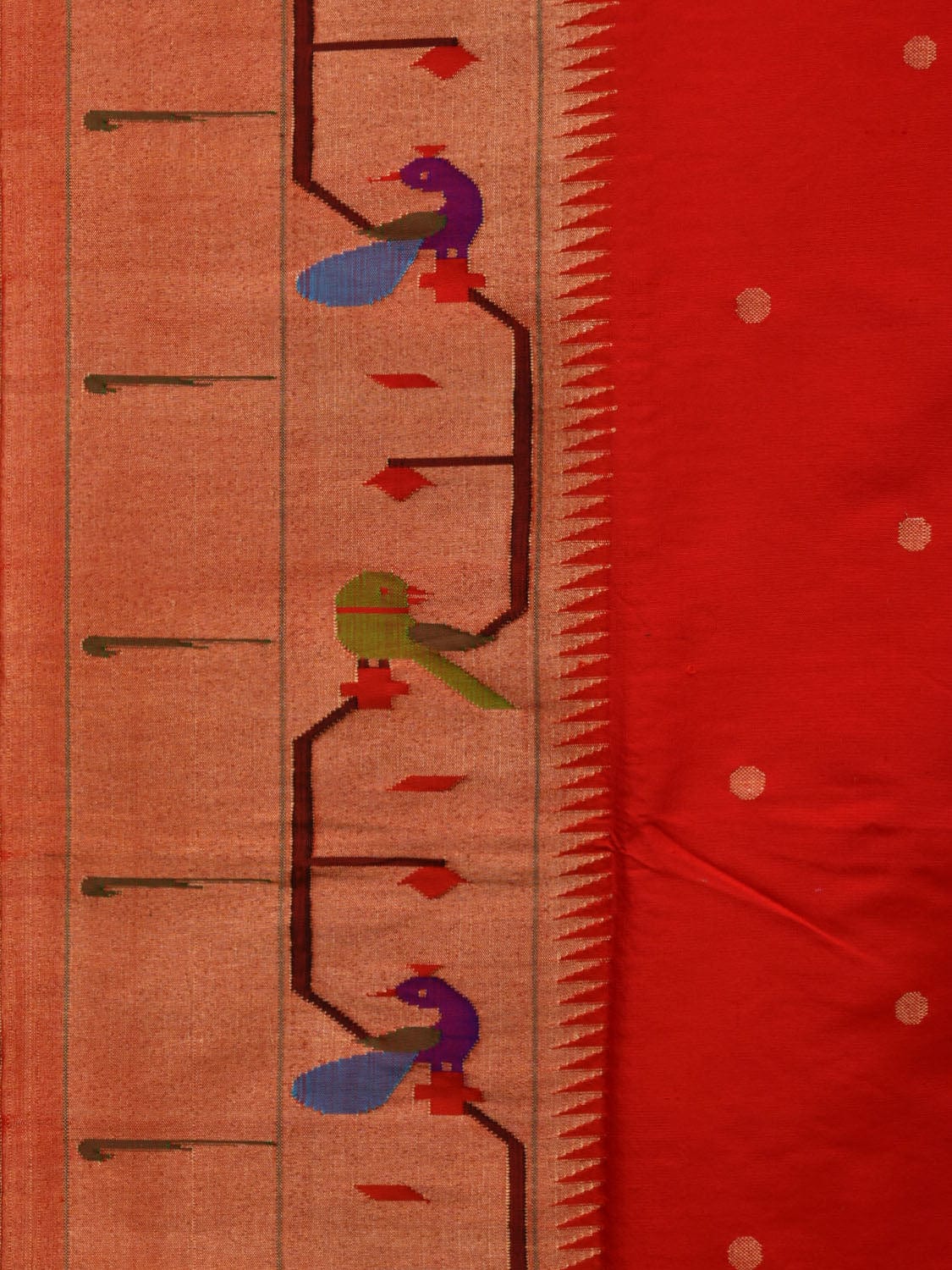 Red Paithani Silk Handloom Saree with Peacocks and Parrots Border Design p0466