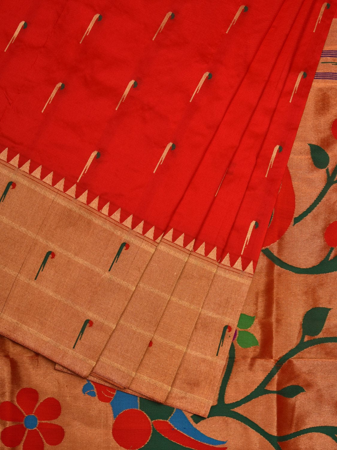 Red Paithani Silk Handloom Saree with Triple Muniya Border Design p0444