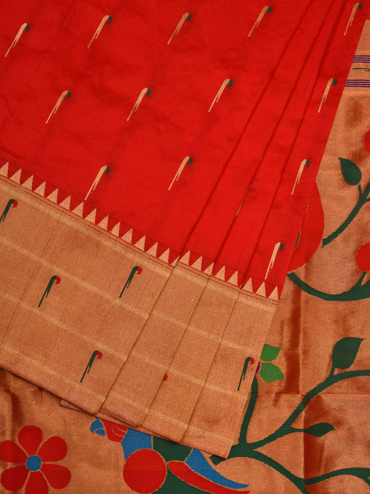 Red Paithani Silk Handloom Saree with Triple Muniya Border Design p0444