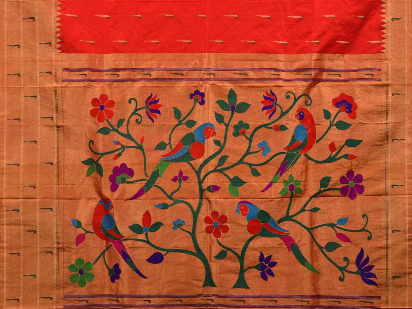 Red Paithani Silk Handloom Saree with Triple Muniya Border Design p0444