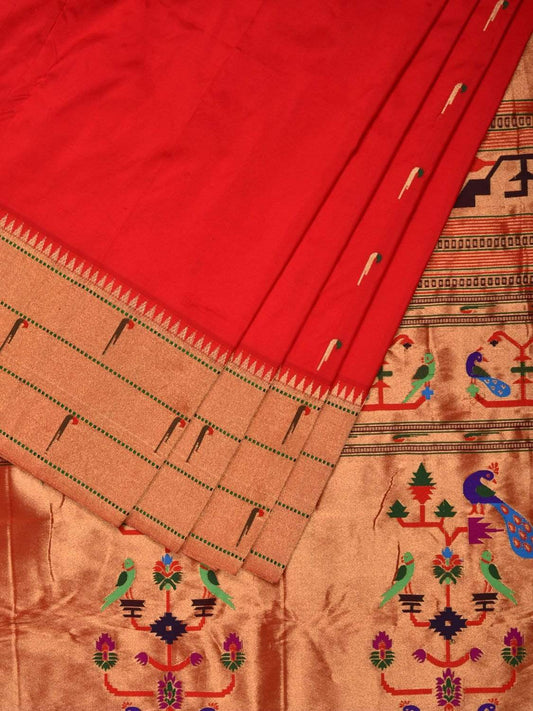 Red Paithani Silk Handloom Saree with Triple Muniya Border Saree p0367