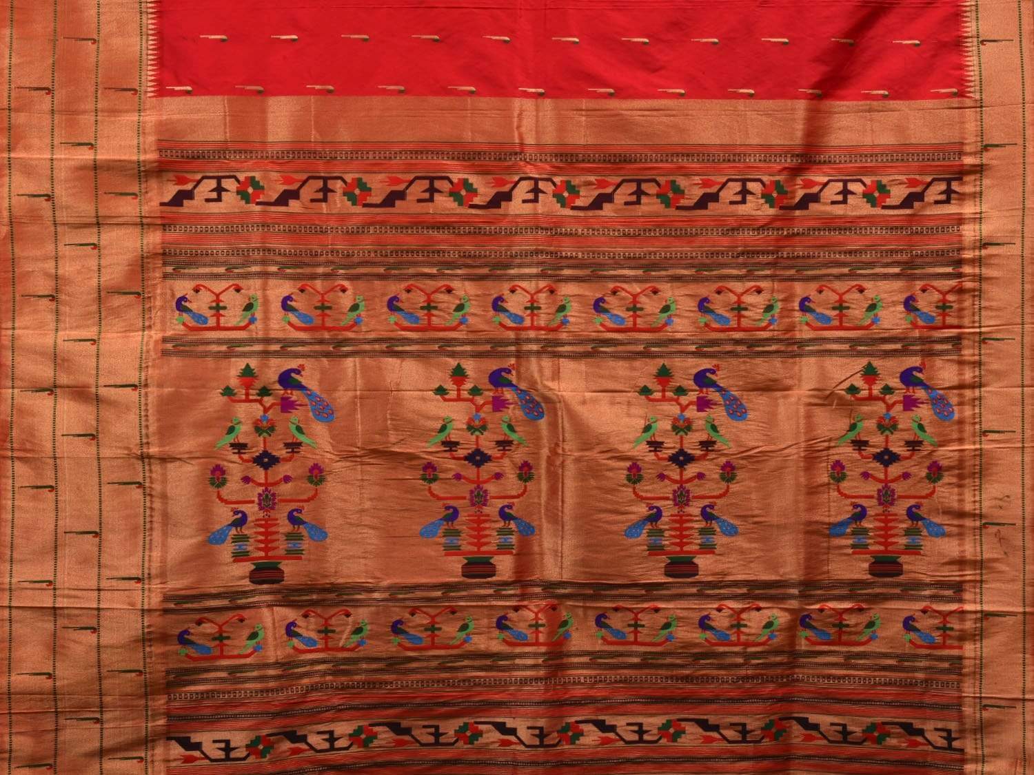 Red Paithani Silk Handloom Saree with Triple Muniya Border Saree p0367