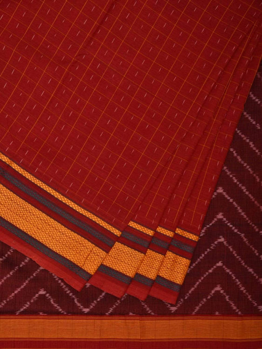 Red Pochampally Ikat Cotton Handloom Saree with Doby Border Design i0622