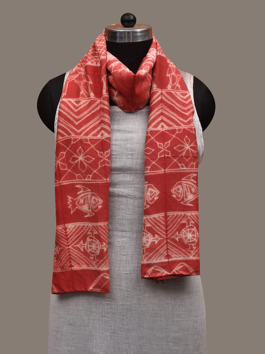 Red Shibori Cotton Silk Handloom Stole with Fish and Birds Design ds2941