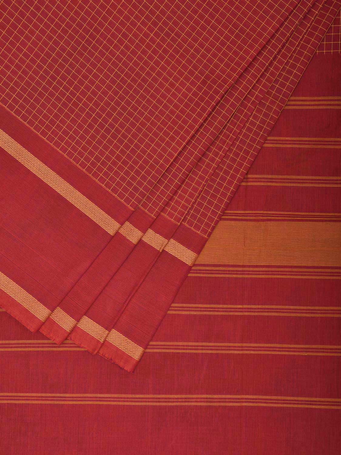 Red Venkatagiri Cotton Saree with Checks and Strips Pallu Design v0078