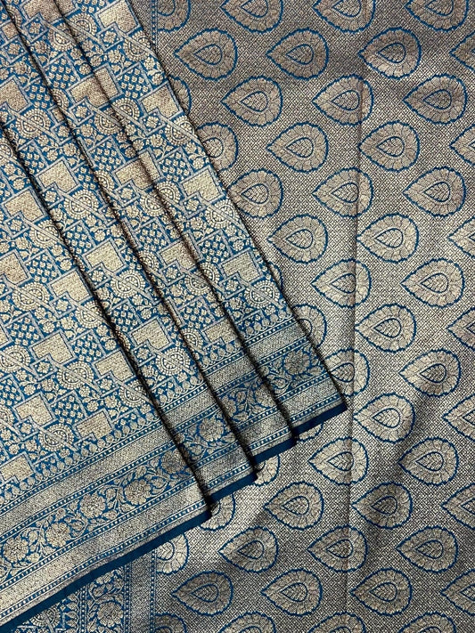Royal Blue  Antique  Zari  Banaras Katan Intricate Allover Brocade Saree withBorder and Pallu Design b0314ds
