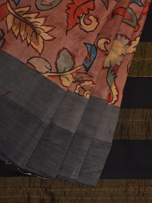Rust and Black Kalamkari Hand Painted Gadwal Silk Handloom Saree with Floral Design KL0663