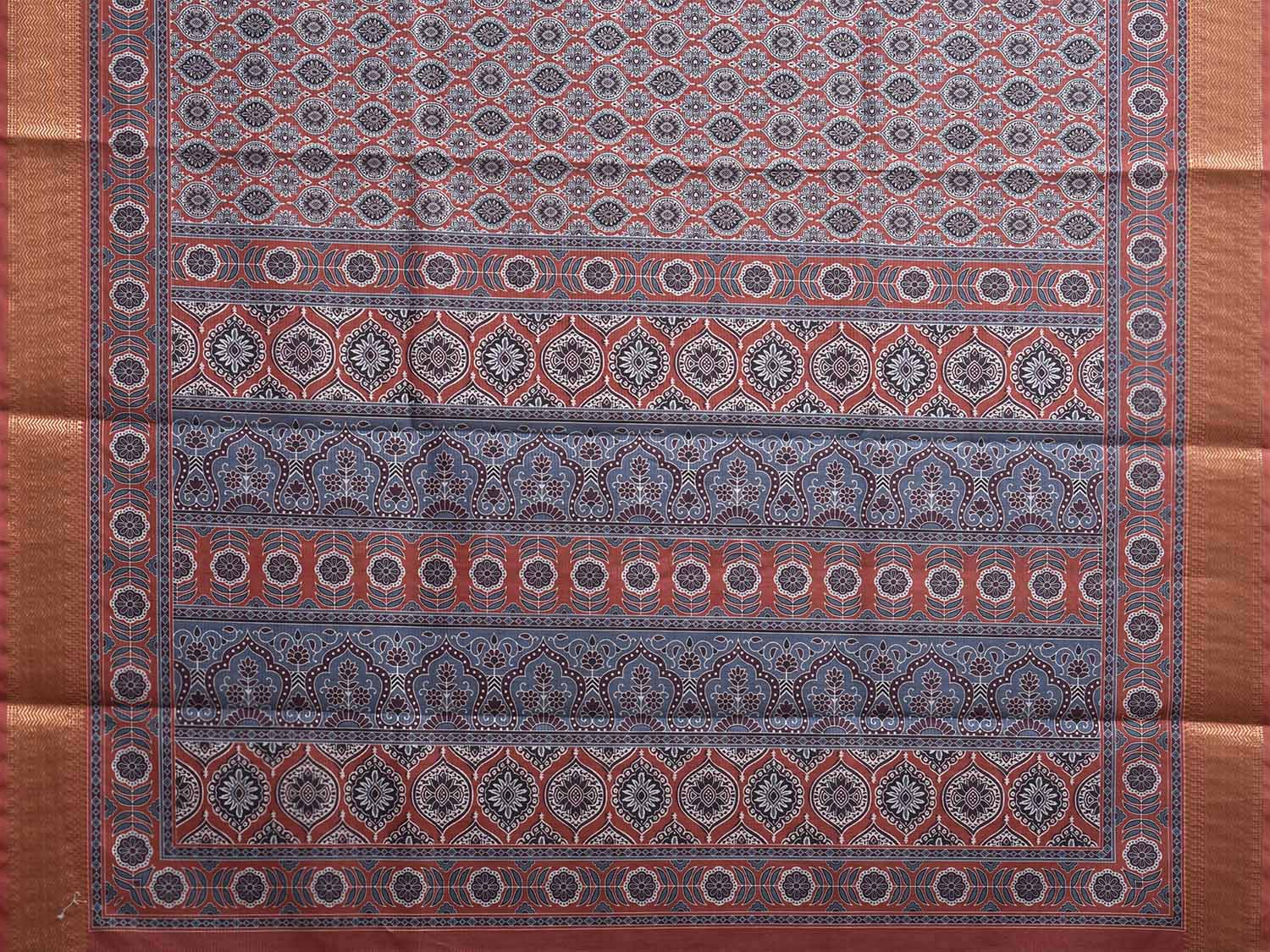 Rust and Blue Bamboo Cotton Saree with DIgital Print Design bc0842