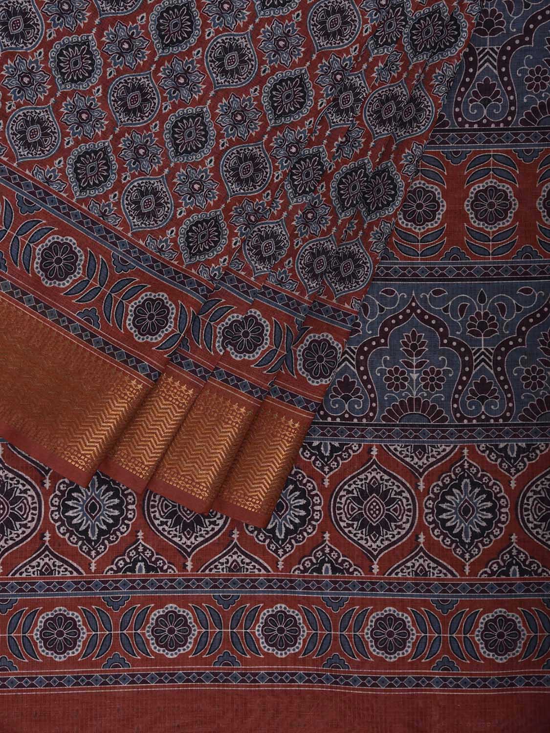 Rust and Blue Bamboo Cotton Saree with DIgital Print Design bc0842