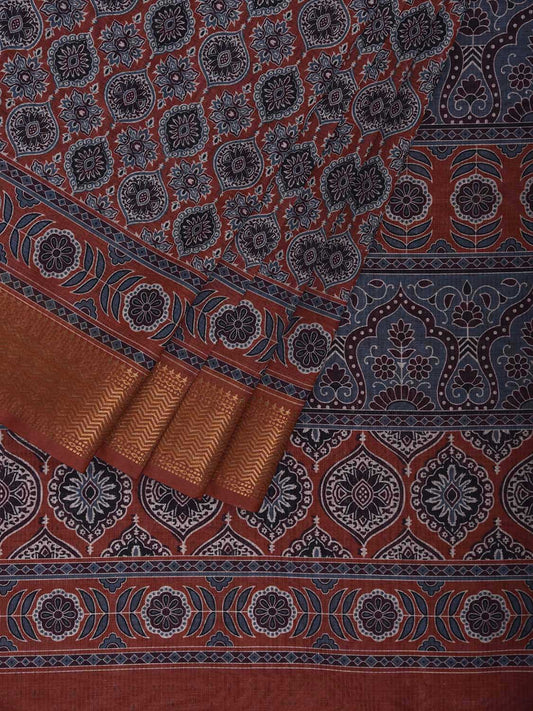 Rust and Blue Bamboo Cotton Saree with DIgital Print Design bc0842