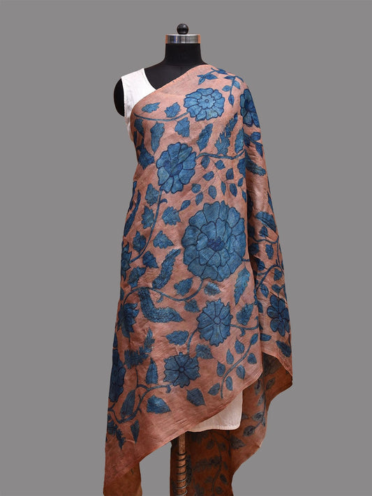 Rust and Blue Kalamkari Hand Painted Tussar Handloom Dupatta with Floral Design ds3670
