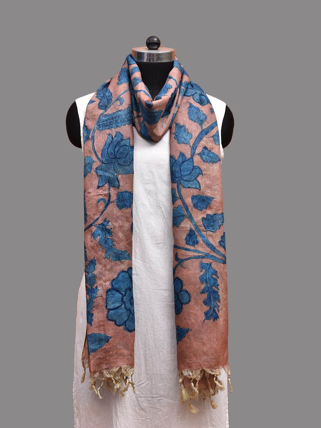 Rust and Blue Kalamkari Hand Painted Tussar Handloom Dupatta with Floral Design ds3670