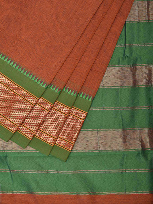 Rust and Green Bamboo Cotton Plain Saree with Contrast Pallu Design No Blouse bc0633