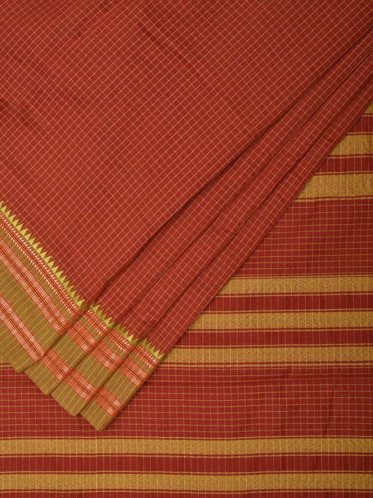 Rust and Green Bamboo Cotton Saree with Checks Design bc0106