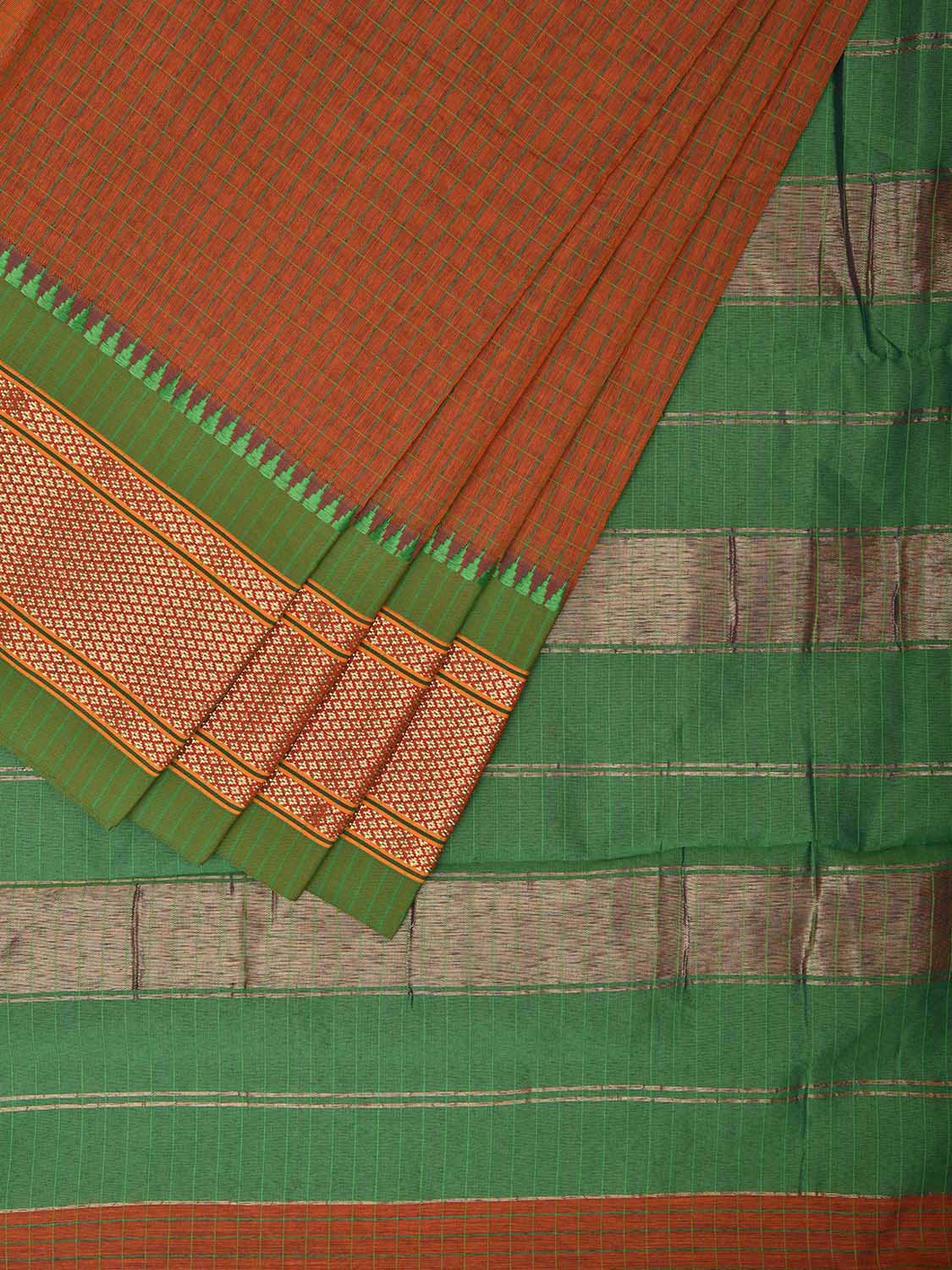 Rust and Green Bamboo Cotton Saree with Strips and Contrast Pallu Design No Blouse bc0583
