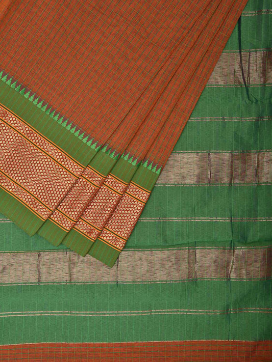Rust and Green Bamboo Cotton Saree with Strips and Contrast Pallu Design No Blouse bc0583