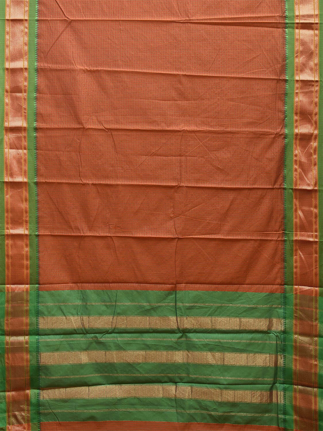 Rust and Green Bamboo Cotton Saree with Strips and Contrast Pallu Design No Blouse bc0583