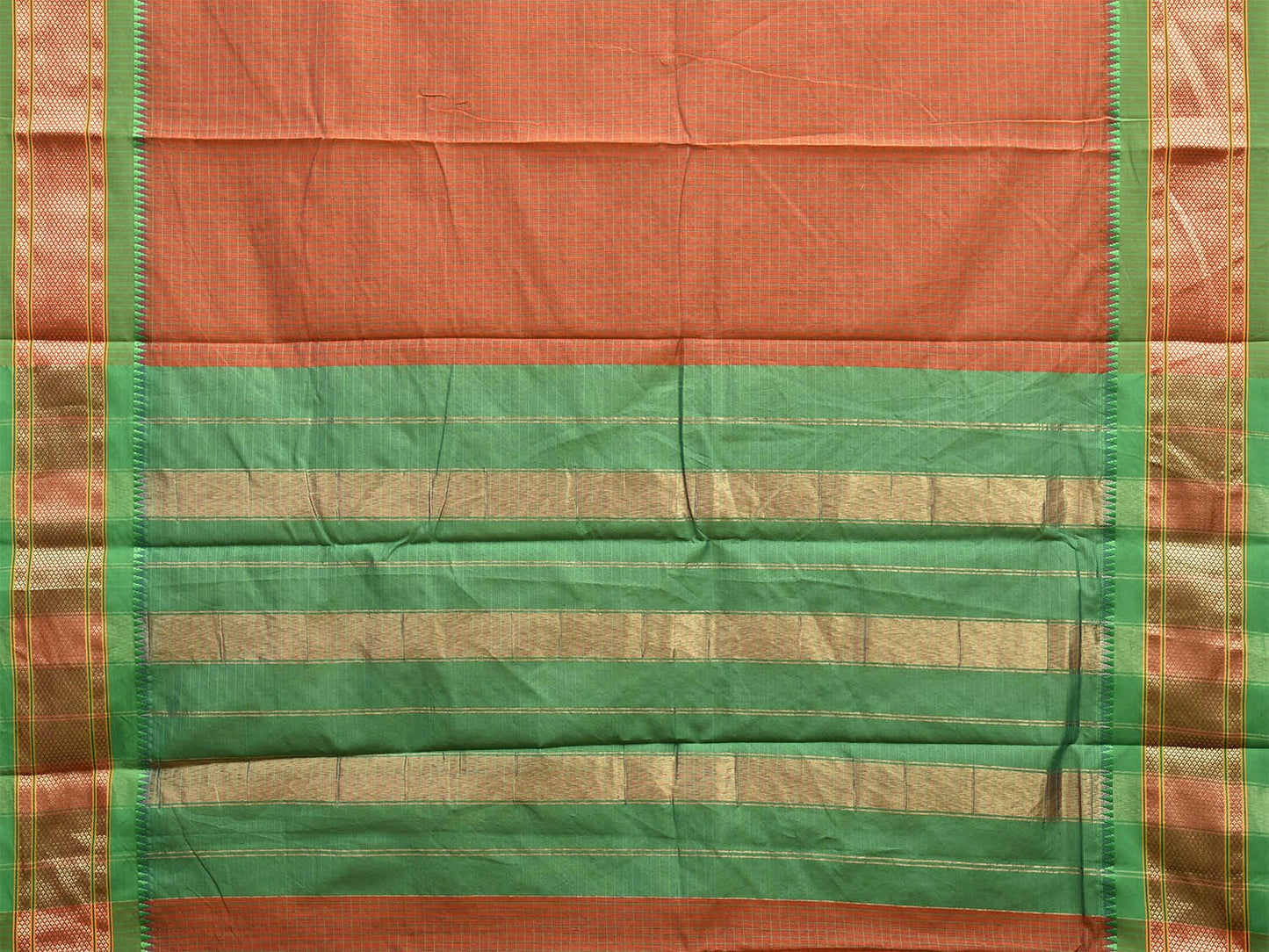 Rust and Green Bamboo Cotton Saree with Strips and Contrast Pallu Design No Blouse bc0583
