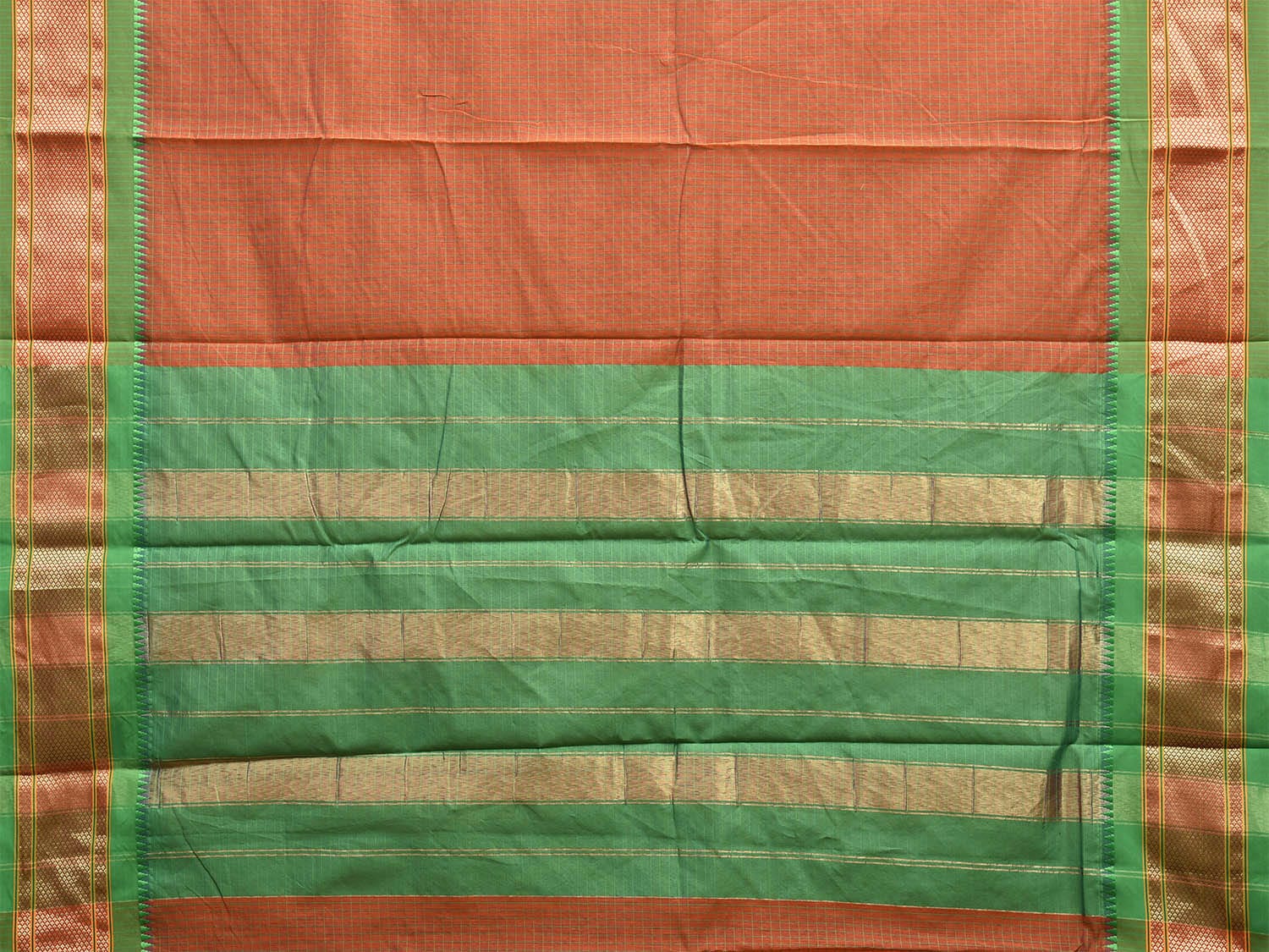 Rust and Green Bamboo Cotton Saree with Strips and Contrast Pallu Design No Blouse bc0583