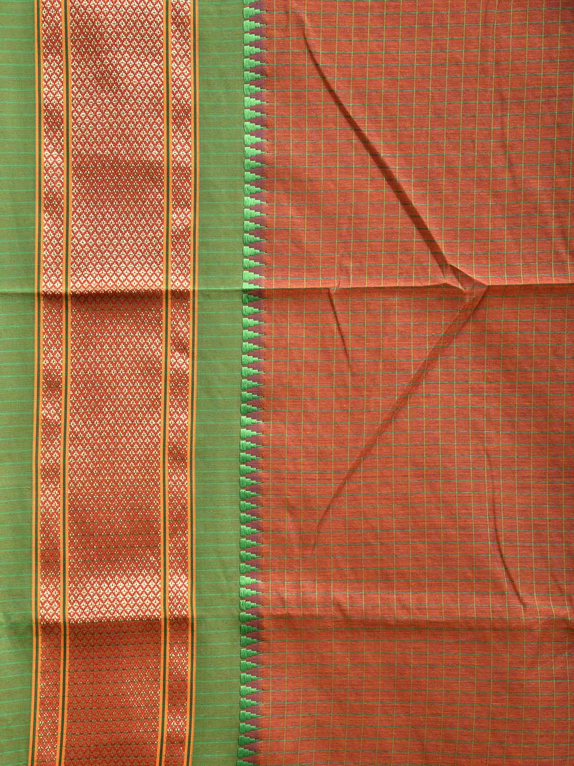 Rust and Green Bamboo Cotton Saree with Strips and Contrast Pallu Design No Blouse bc0583