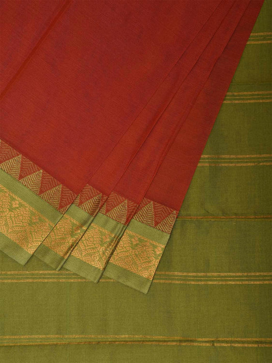 Rust and Green Gadwal Cotton Plain Saree with Strips and Contrast Pallu Design No Blouse g0461