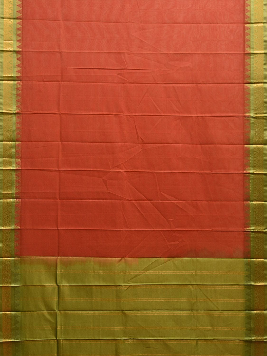 Rust and Green Gadwal Cotton Plain Saree with Strips and Contrast Pallu Design No Blouse g0461