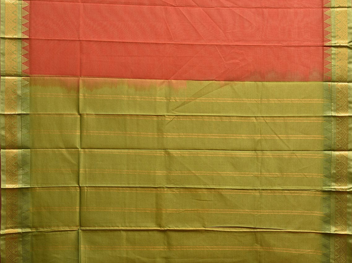 Rust and Green Gadwal Cotton Plain Saree with Strips and Contrast Pallu Design No Blouse g0461