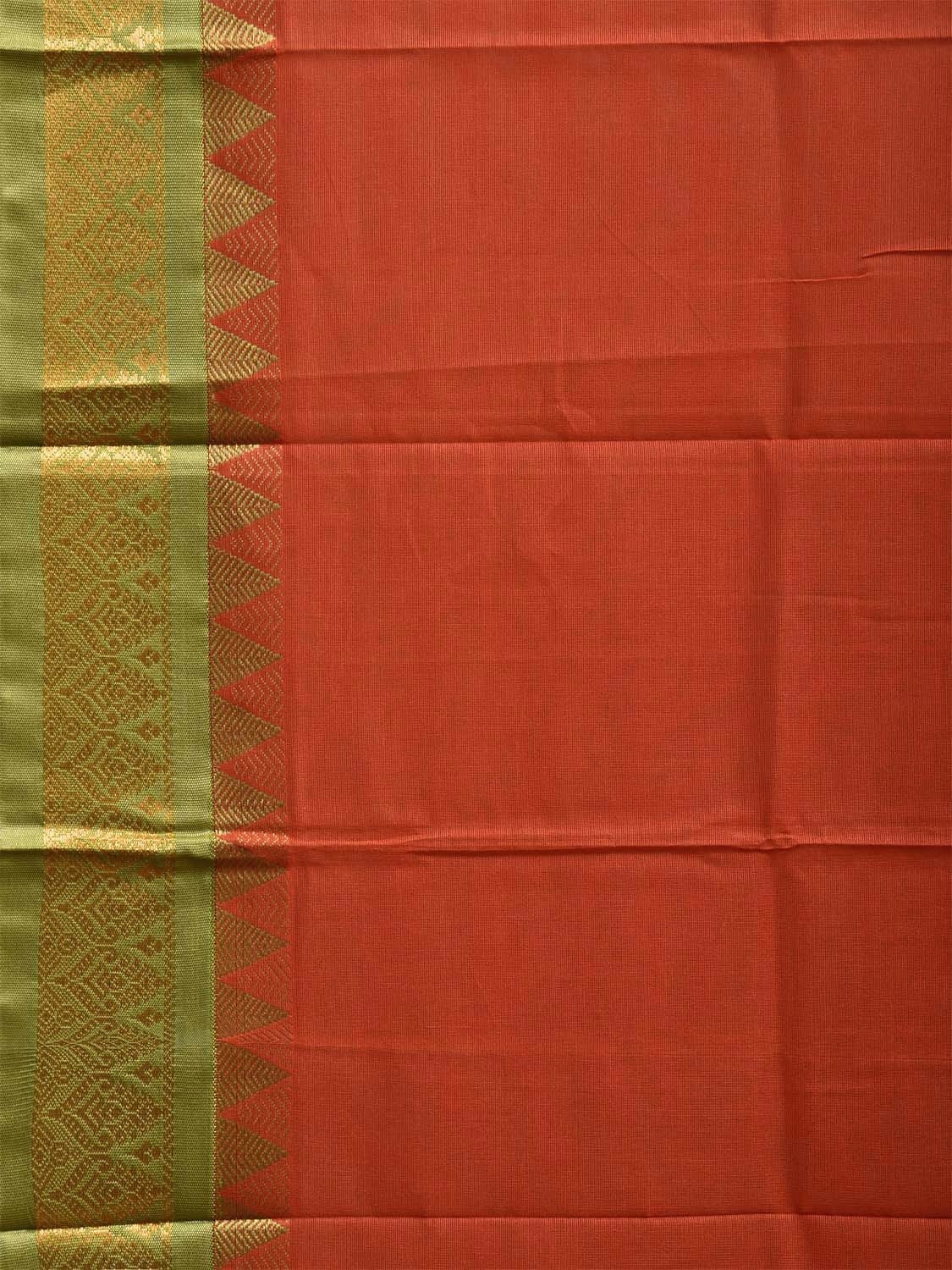 Rust and Green Gadwal Cotton Plain Saree with Strips and Contrast Pallu Design No Blouse g0461