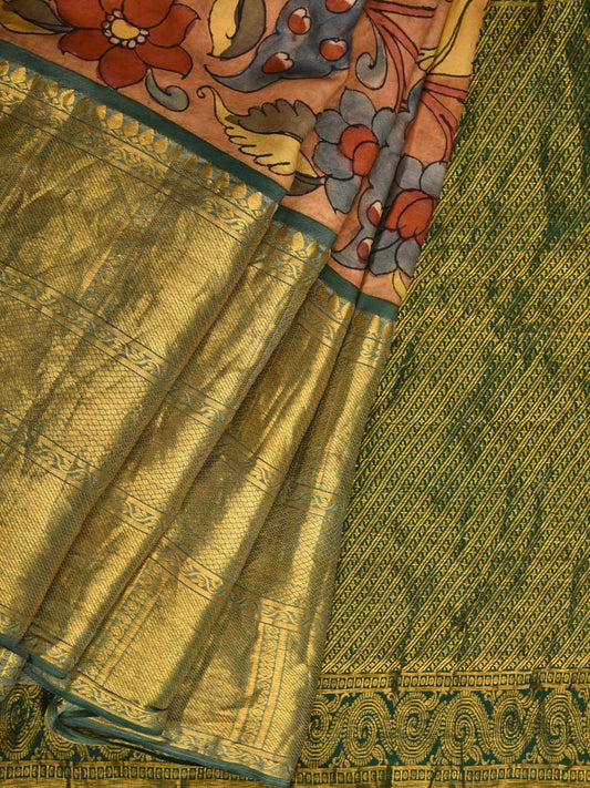 Rust and Green Kalamkari Hand Painted Kanchipuram Silk Handloom Saree with Flowers and Peacocks Design KL0431