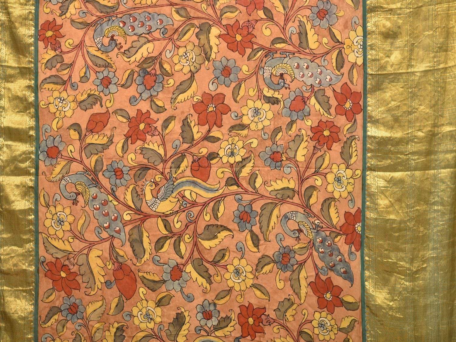 Rust and Green Kalamkari Hand Painted Kanchipuram Silk Handloom Saree with Flowers and Peacocks Design KL0431