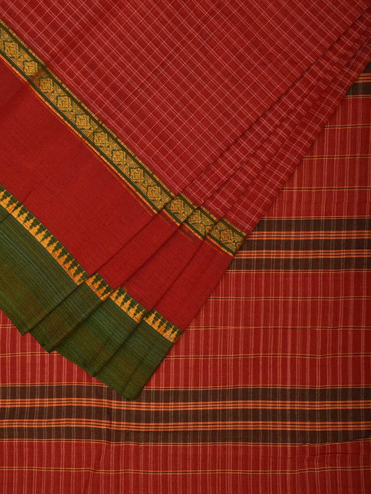Rust and Green Narayanpet Cotton Handloom Saree with Checks Design and Big Border No Blouse np1024
