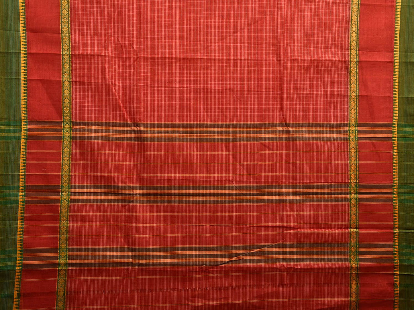 Rust and Green Narayanpet Cotton Handloom Saree with Checks Design and Big Border No Blouse np1024