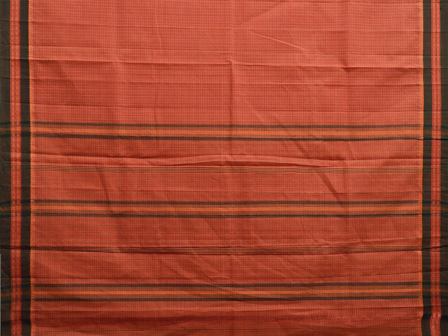 Rust and Green Narayanpet Cotton Handloom Saree with Checks Design No Blouse np1066