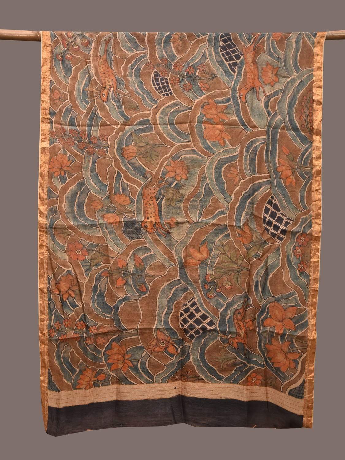 Rust and Light Blue Kalamkari Hand Painted Tussar Handloom Dupatta with with Flowers and Animals Design ds2343
