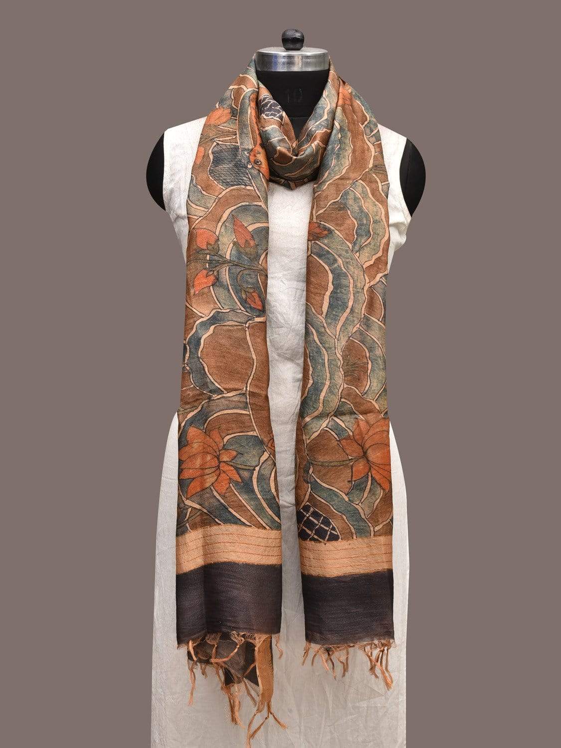 Rust and Light Blue Kalamkari Hand Painted Tussar Handloom Dupatta with with Flowers and Animals Design ds2343
