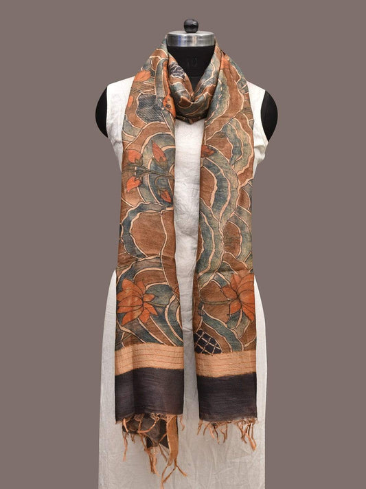 Rust and Light Blue Kalamkari Hand Painted Tussar Handloom Dupatta with with Flowers and Animals Design ds2343