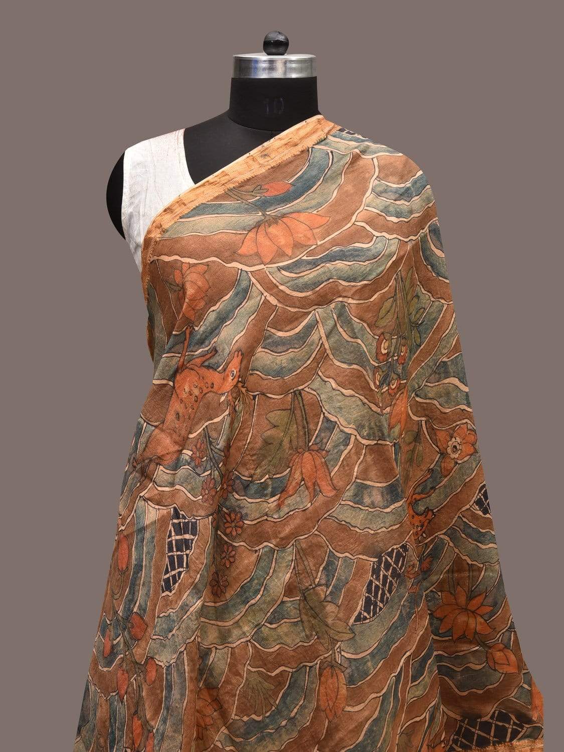 Rust and Light Blue Kalamkari Hand Painted Tussar Handloom Dupatta with with Flowers and Animals Design ds2343