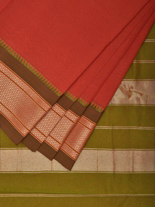 Rust and Olive Bamboo Cotton Plain Saree with Contrast Pallu Design No Blouse bc0624