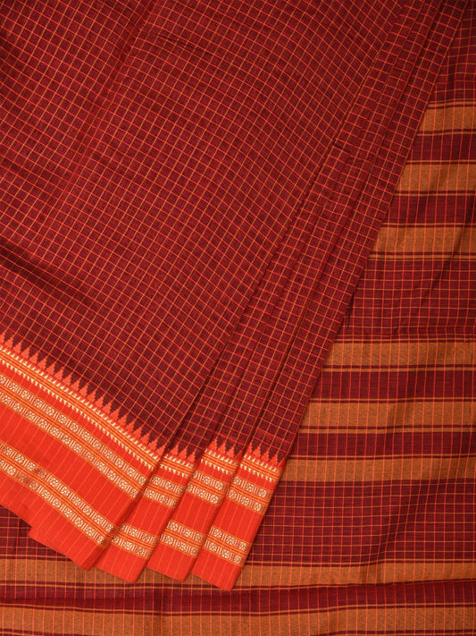 Rust and Orange Bamboo Cotton Saree with Checks Design bc0112