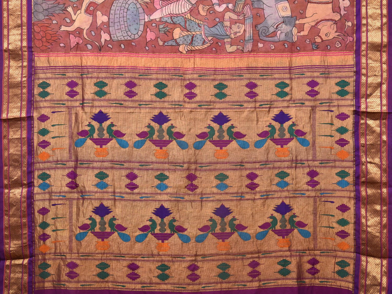 Rust and Purple Kalamkari Hand Painted Paithani Silk Handloom Saree with Village Theme Design KL0747