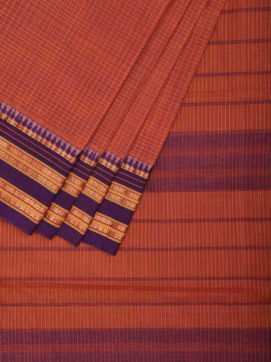 Rust and Purple Narayanpet Cotton Handloom Saree with Checks Design No Blouse np1068