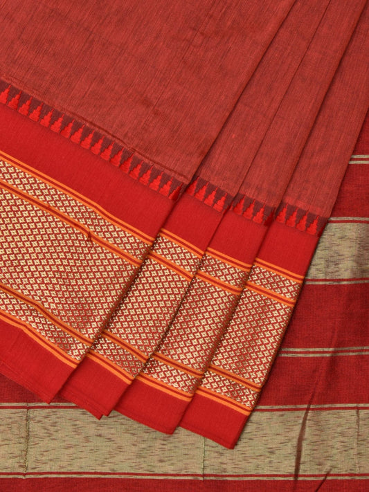 Rust and Red Bamboo Cotton Plain Saree with Narali Border No Blouse bc0552