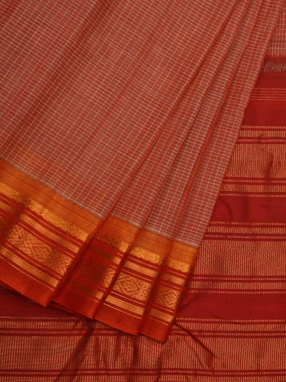 Rust and Red Gadwal Cotton Handloom Saree with Checks Design No Blouse g0319