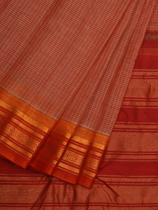 Rust and Red Gadwal Cotton Handloom Saree with Checks Design No Blouse g0319